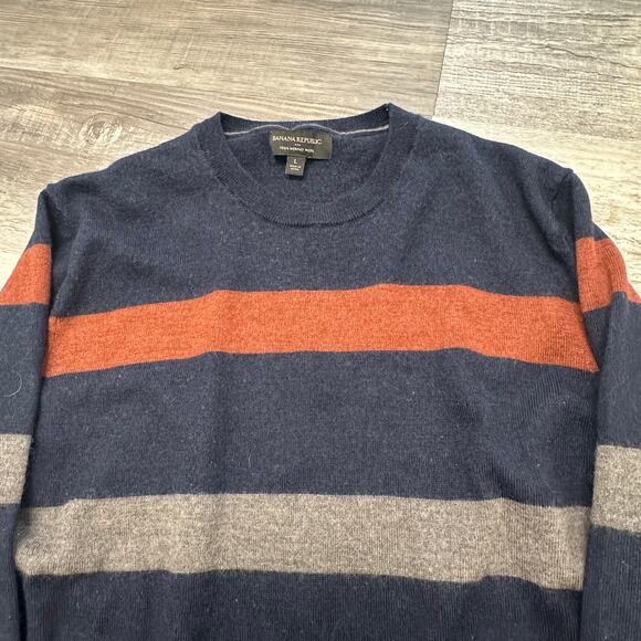Banana Republic Striped Blue Gray Orange Men Medium Merino Wool Pullover Sweater - Picture 2 of 11